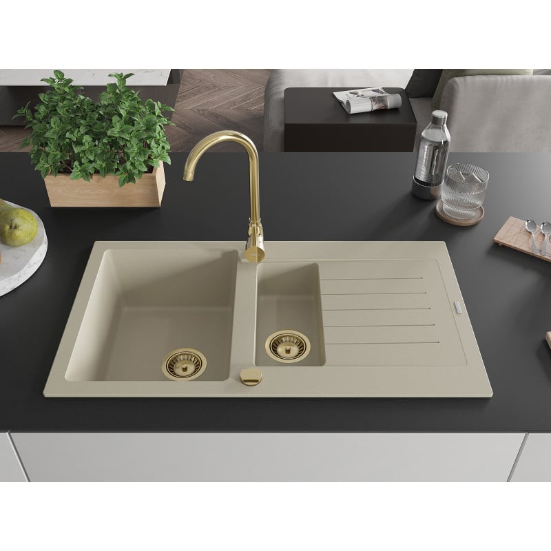 Mexen Matias évier en granit 1,5 bac avec égouttoir 900 x 505 mm, beige, siphon doré - 6502901505-69-G