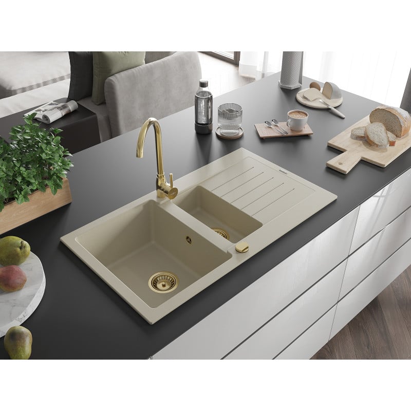 Mexen Matias évier en granit 1,5 bac avec égouttoir 900 x 505 mm, beige, siphon doré - 6502901505-69-G