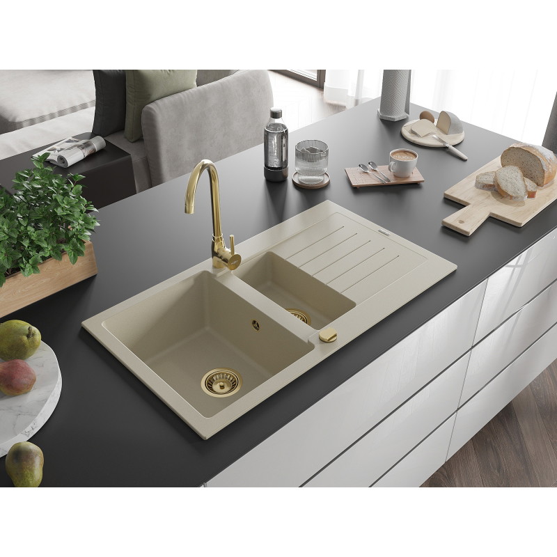 Mexen Matias évier en granit 1,5 cuves avec égouttoir 900 x 505 mm, beige, siphon doré - 6502901505-69-G