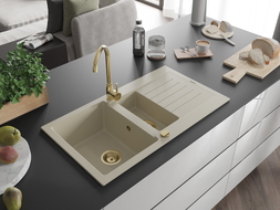 Mexen Matias évier en granit 1,5 cuves avec égouttoir 900 x 505 mm, beige, siphon doré - 6502901505-69-G