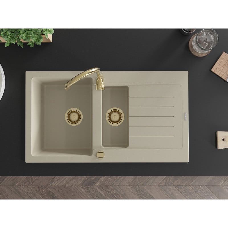 Mexen Matias évier en granit 1,5 bac avec égouttoir 900 x 505 mm, beige, siphon doré - 6502901505-69-G