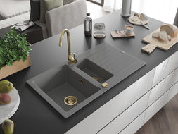 Mexen Matias évier en granit à 1,5 cuvette avec égouttoir 900 x 505 mm, Gris, siphon Or - 6502901505-71-G
