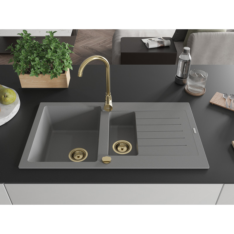Mexen Matias évier en granit 1,5 bac avec égouttoir 900 x 505 mm, gris, siphon doré - 6502901505-71-G