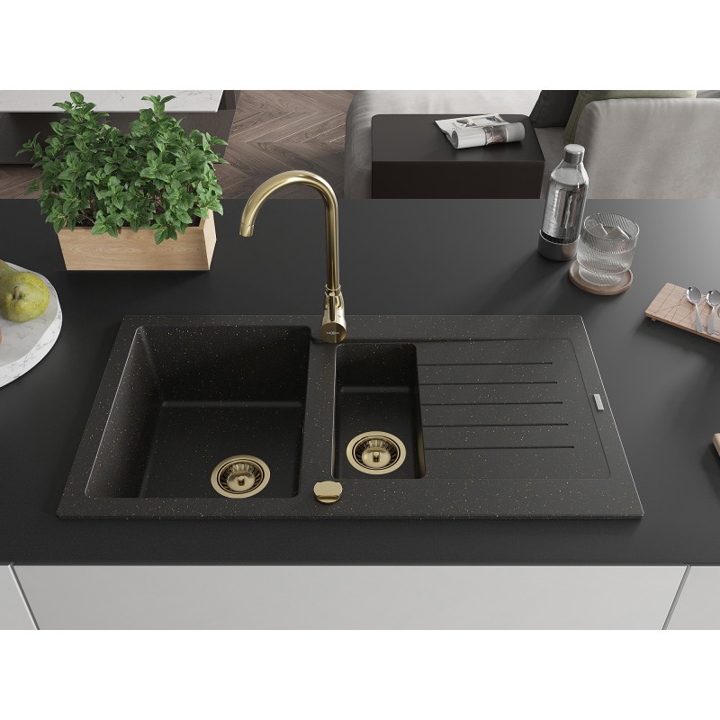 Mexen Matias Évier en granit à 1,5 bac avec égouttoir 900 x 505 mm, noir/doré métallique, siphon doré - 6502901505-75-G