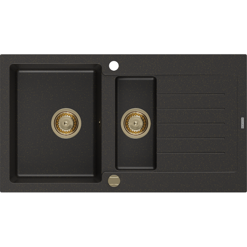 Mexen Matias évier en granit 1,5 bac avec égouttoir 900 x 505 mm, noir/or métallique, siphon doré - 6502901505-75-G
