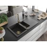 Mexen Matias évier de cuisine en granit 1,5 bac avec égouttoir 900 x 505 mm, noir moucheté, siphon doré - 6502901505-76-G