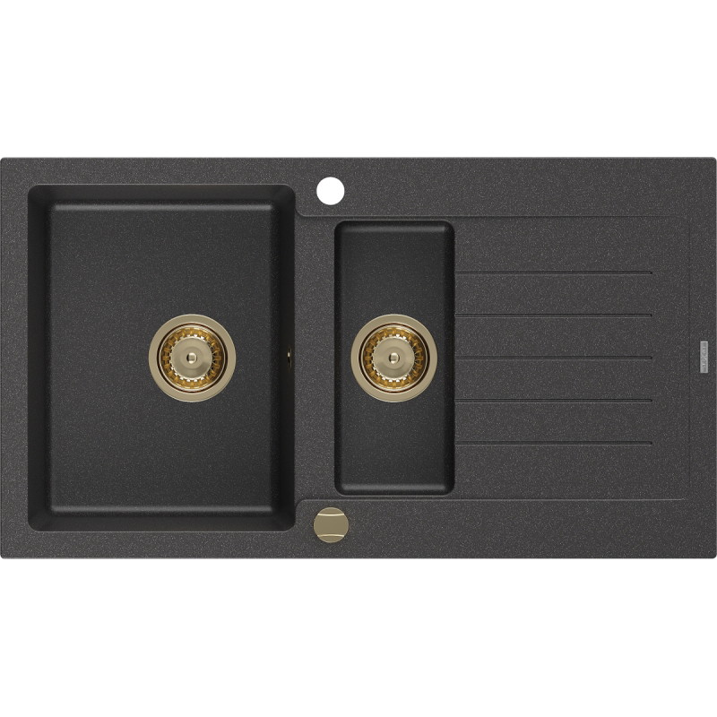 Mexen Matias Évier en granit 1,5 bac avec égouttoir 900 x 505 mm, noir moucheté, siphon doré - 6502901505-76-G