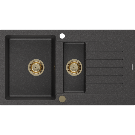 Mexen Matias Évier en granit 1,5 bac avec égouttoir 900 x 505 mm, noir moucheté, siphon doré - 6502901505-76-G