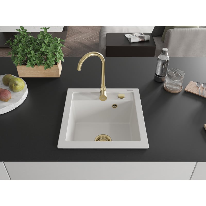 Mexen Vito évier de cuisine en granit 1 bac 520 x 490 mm, blanc, siphon doré - 6503521000-20-G