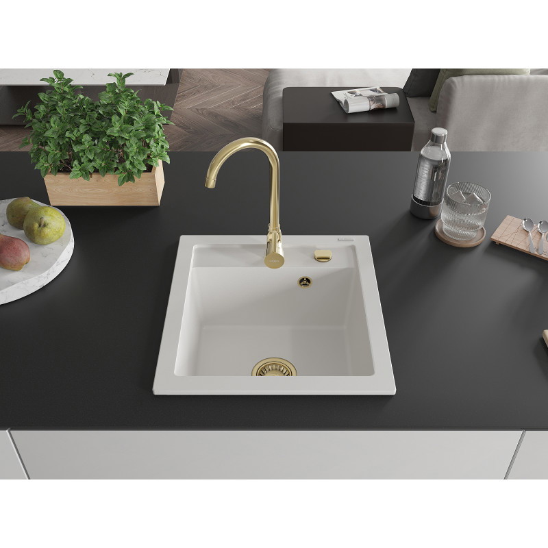 Mexen Vito évier en granit 1 bac 520 x 490 mm, blanc, siphon doré - 6503521000-20-G