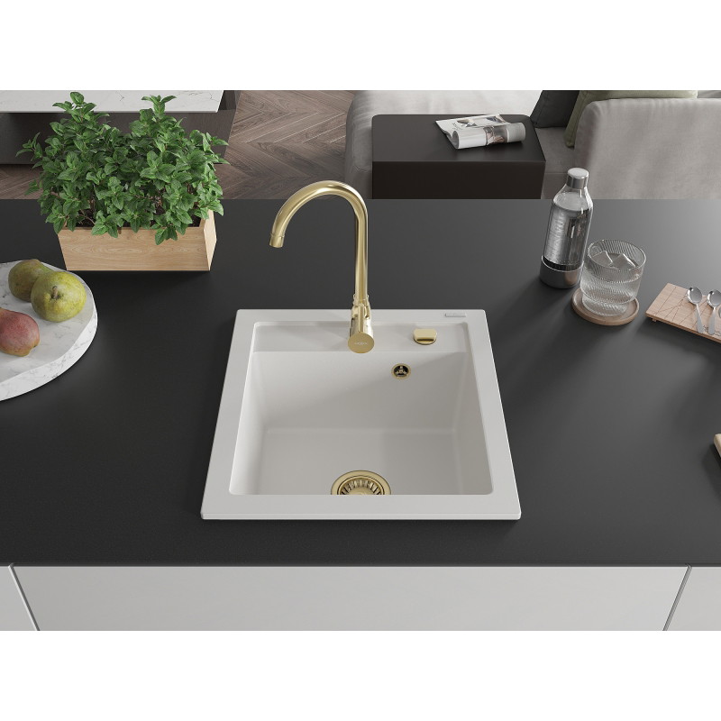 Mexen Vito évier en granit 1 cuve 520 x 490 mm, blanc, siphon doré - 6503521000-20-G