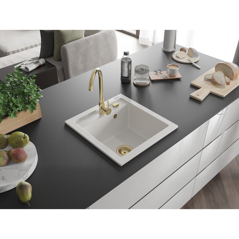 Mexen Vito évier de cuisine en granit 1 bac 520 x 490 mm, blanc, siphon doré - 6503521000-20-G