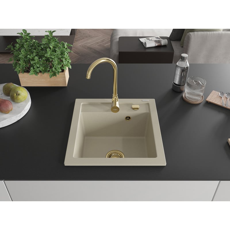 Mexen Vito évier en granit à 1 bac 520 x 490 mm, beige, siphon doré - 6503521000-69-G