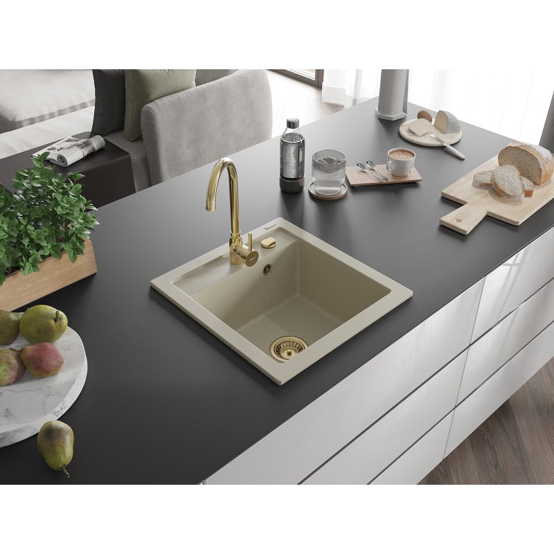 Mexen Vito évier en granit à 1 bac 520 x 490 mm, beige, siphon doré - 6503521000-69-G