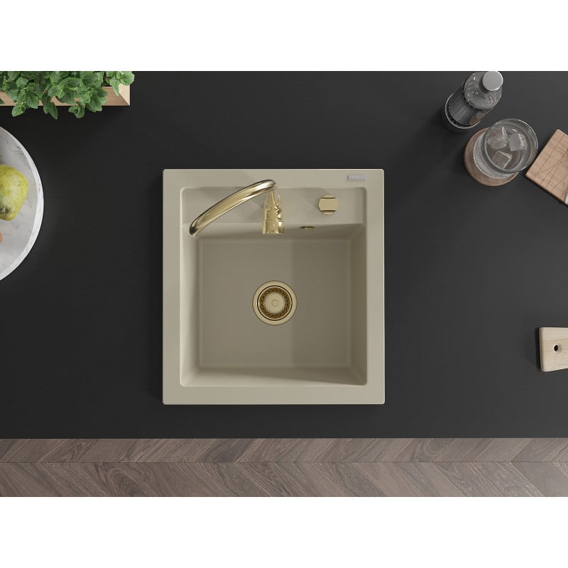 Mexen Vito évier en granit à 1 bac 520 x 490 mm, beige, siphon doré - 6503521000-69-G