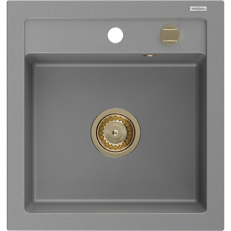 Mexen Vito évier en granit à 1 cuve 520 x 490 mm, Gris, siphon Or - 6503521000-71-G