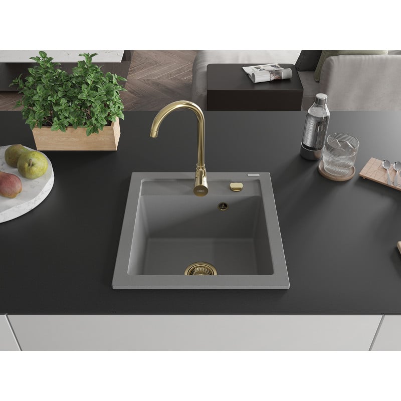 Mexen Vito évier en granit 1 bac 520 x 490 mm, gris, siphon doré - 6503521000-71-G