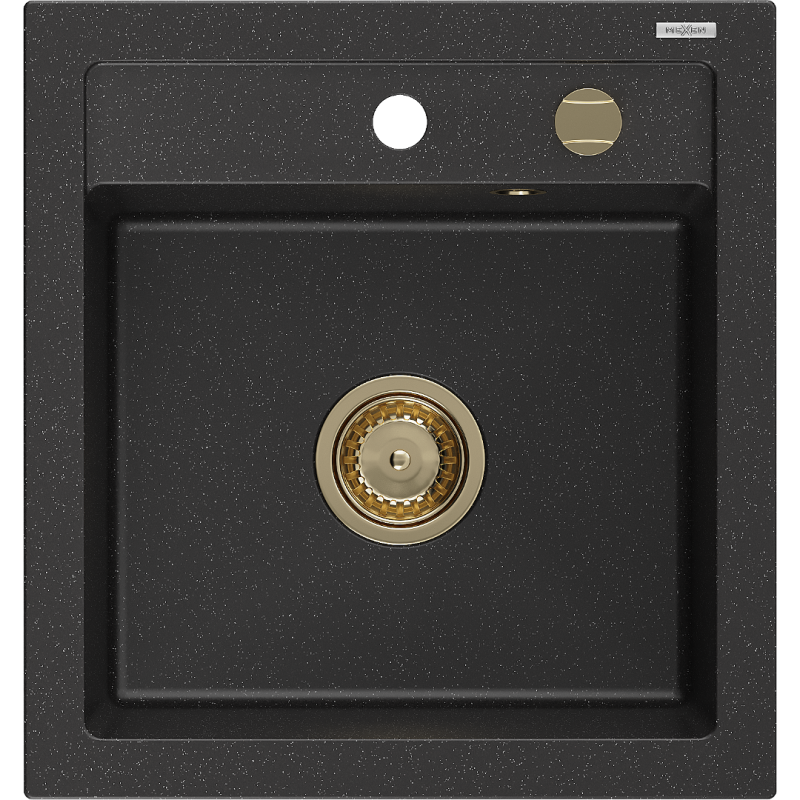 Mexen Vito évier en granit à 1 cuve 520 x 490 mm, Noir/ Argent métallique, siphon Or - 6503521000-73-G