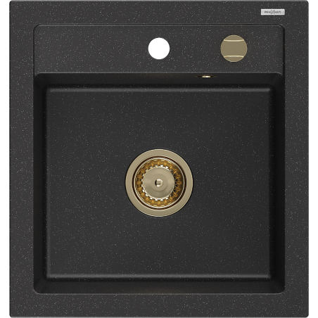 Mexen Vito évier en granit à 1 cuve 520 x 490 mm, Noir/ Argent métallique, siphon Or - 6503521000-73-G