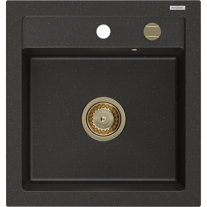 Mexen Vito évier en granit à 1 cuve 520 x 490 mm, Noir/Or métallique, siphon Or - 6503521000-75-G