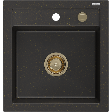Mexen Vito évier en granit à 1 cuve 520 x 490 mm, Noir/Or métallique, siphon Or - 6503521000-75-G