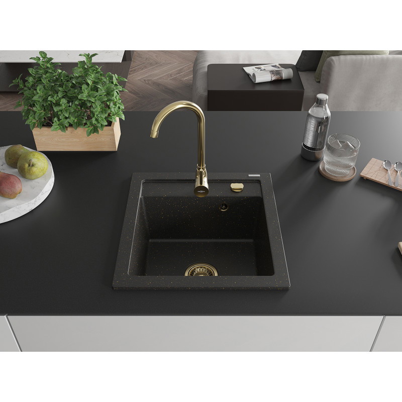 Mexen Vito évier en granit 1 bac 520 x 490 mm, noir/métallisé or, siphon doré - 6503521000-75-G