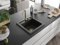 Mexen Vito évier en granit à 1 cuve 520 x 490 mm, Noir/Or métallique, siphon Or - 6503521000-75-G
