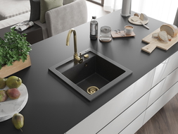 Mexen Vito évier en granit à 1 cuve 520 x 490 mm, Noir moucheté, siphon Or - 6503521000-76-G