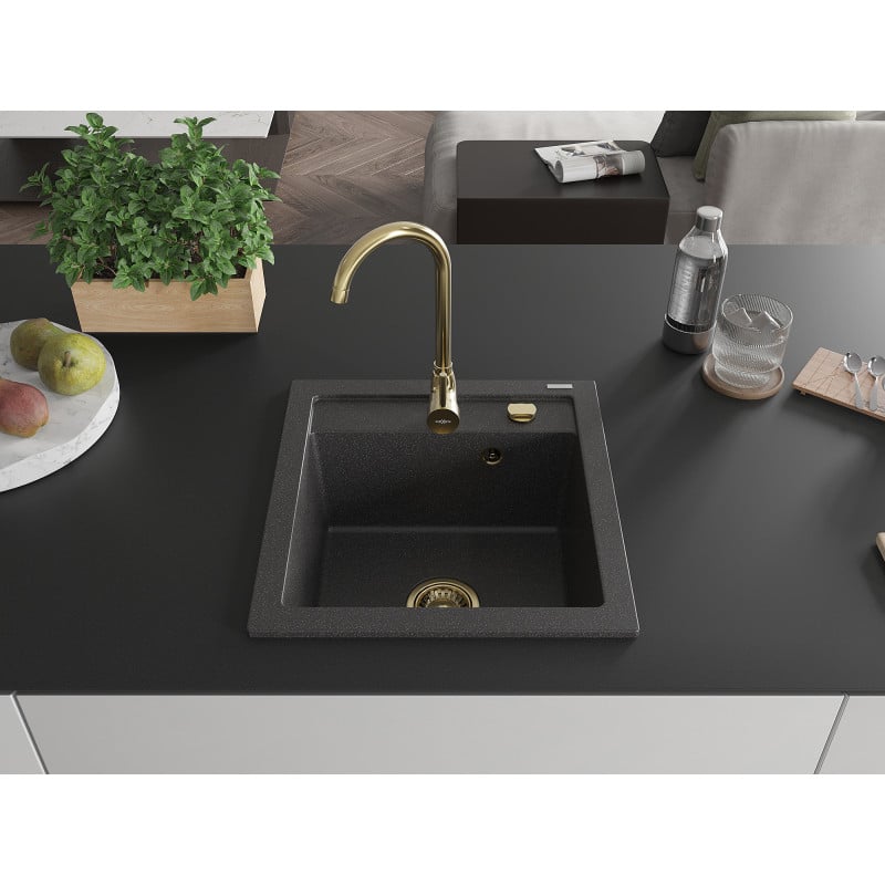 Mexen Vito évier en granit 1 bac 520 x 490 mm, noir moucheté, siphon doré - 6503521000-76-G