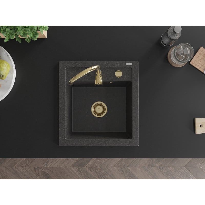 Mexen Vito évier en granit 1 bac 520 x 490 mm, noir moucheté, siphon doré - 6503521000-76-G