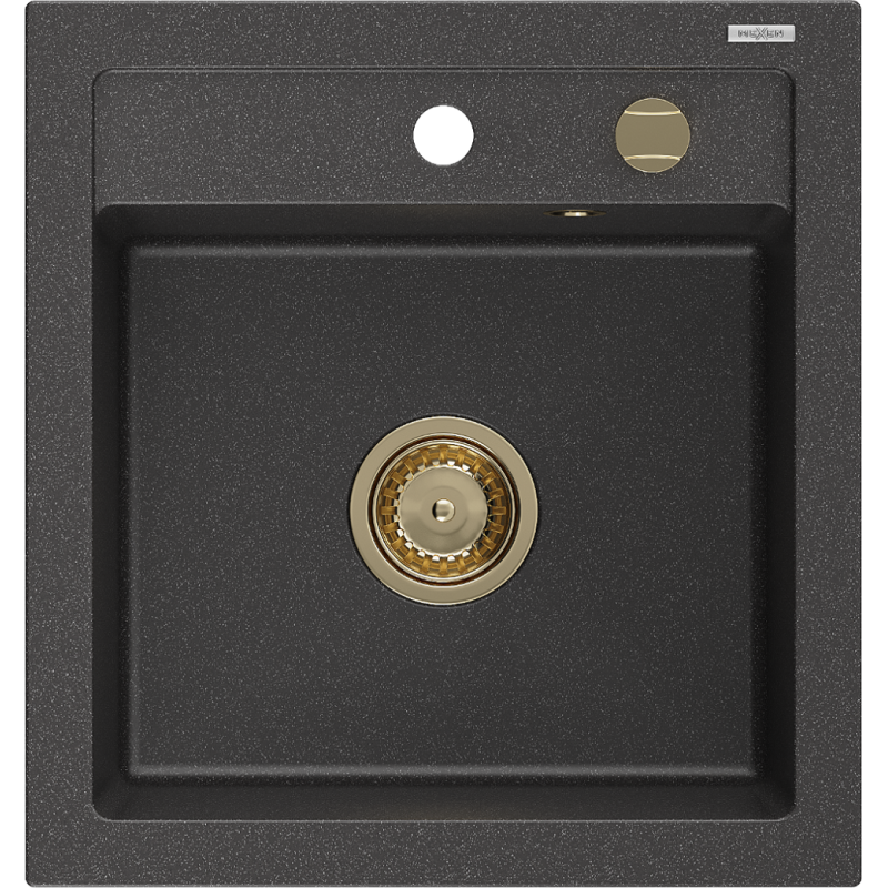 Mexen Vito évier en granit 1 bac 520 x 490 mm, noir moucheté, siphon doré - 6503521000-76-G