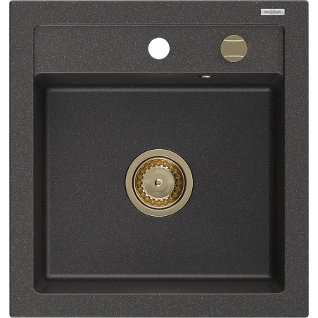Mexen Vito évier en granit 1 bac 520 x 490 mm, noir moucheté, siphon doré - 6503521000-76-G