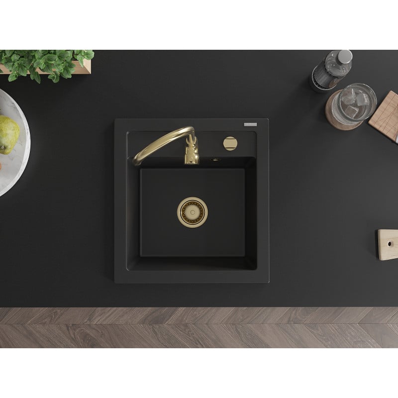 Mexen Vito évier en granit 1 bac 520 x 490 mm, noir, siphon doré - 6503521000-77-G