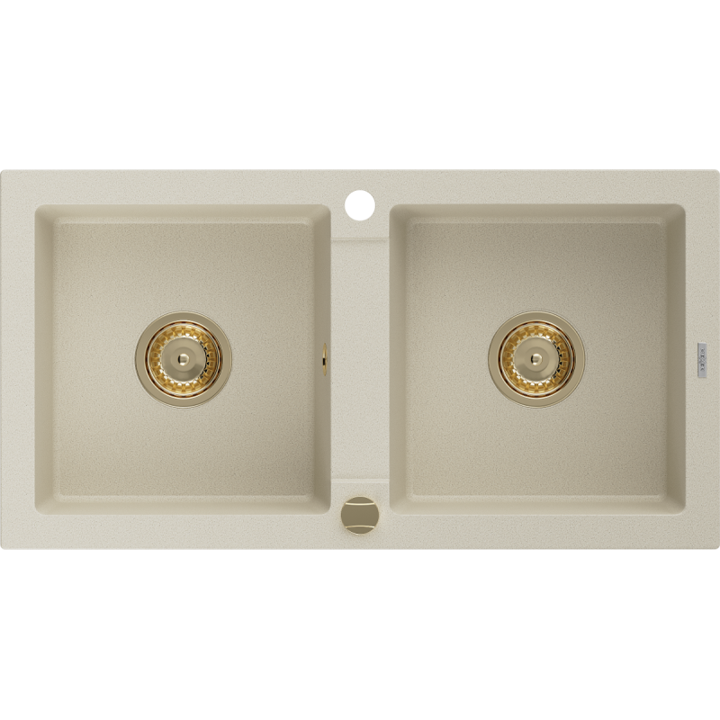 Mexen Mario Évier de cuisine en granit 2 bacs 820 x 436 mm, beige, siphon doré - 6504822000-69-G