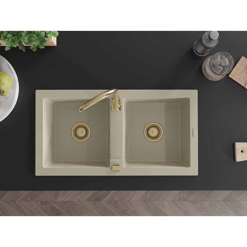 Mexen Mario évier en granit 2 bacs 820 x 436 mm, beige, siphon doré - 6504822000-69-G