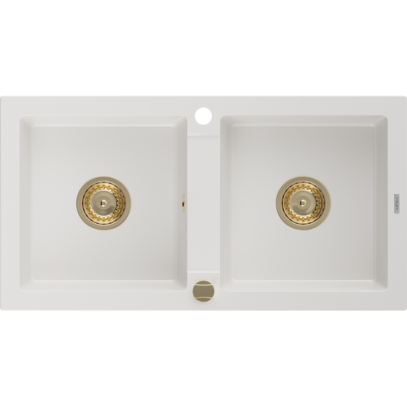 Mexen Mario évier en granit à 2 bacs 820 x 436 mm, blanc, siphon doré - 6504822000-20-G