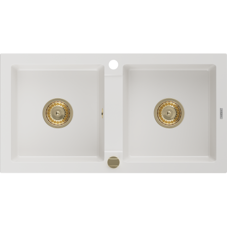 Mexen Mario évier en granit à 2 bacs 820 x 436 mm, blanc, siphon doré - 6504822000-20-G