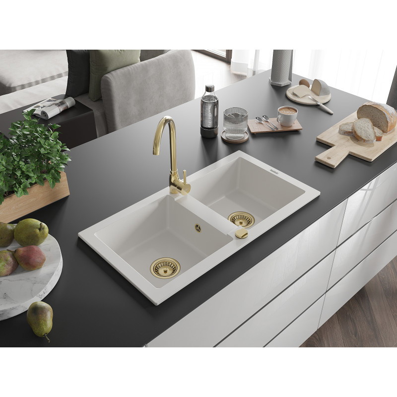 Mexen Mario évier en granit à 2 bacs 820 x 436 mm, blanc, siphon doré - 6504822000-20-G