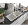 Mexen Mario évier en granit à 2 compartiments 820 x 436 mm, blanc, siphon doré - 6504822000-20-G