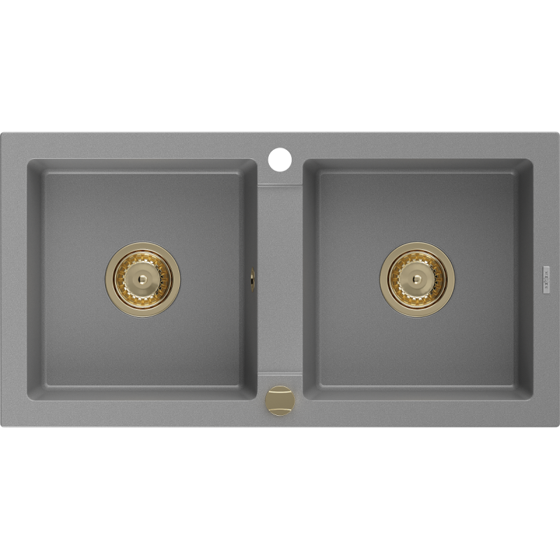 Mexen Mario évier en granit à 2 cuves 820 x 436 mm, Gris, siphon Or - 6504822000-71-G