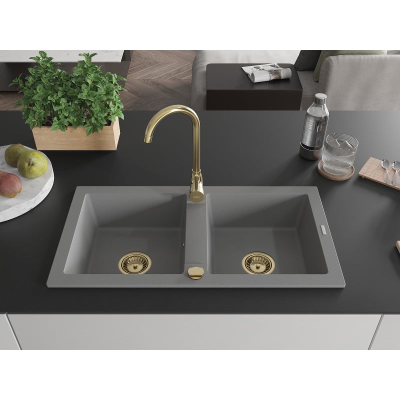 Mexen Mario évier en granit à 2 bacs 820 x 436 mm, gris, siphon doré - 6504822000-71-G