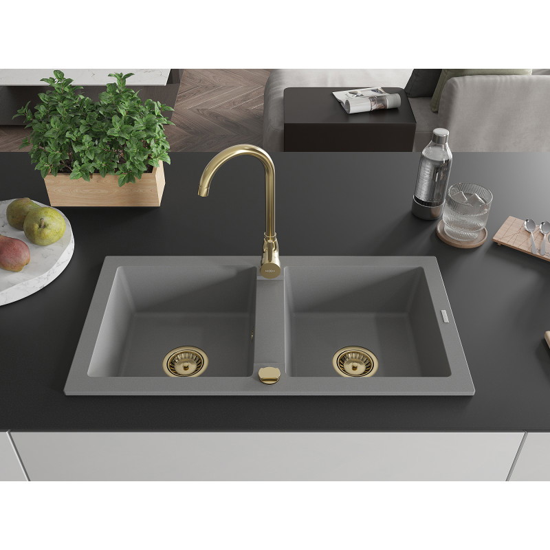 Mexen Mario évier en granit à 2 cuves 820 x 436 mm, gris, siphon doré - 6504822000-71-G