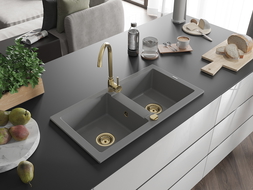 Mexen Mario évier en granit à 2 cuves 820 x 436 mm, Gris, siphon Or - 6504822000-71-G