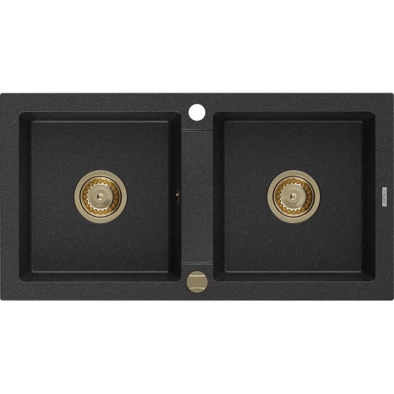 Mexen Mario évier en granit 2 bacs 820 x 436 mm, noir/métal argenté, siphon doré - 6504822000-73-G