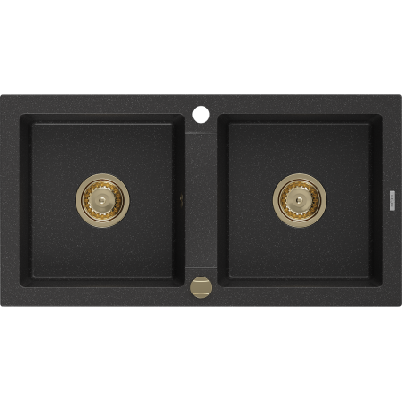 Mexen Mario évier en granit 2 bacs 820 x 436 mm, noir/métal argenté, siphon doré - 6504822000-73-G