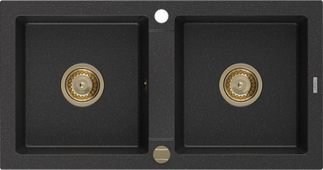 Mexen Mario évier en granit à 2 cuves 820 x 436 mm, Noir/ Argent métallique, siphon Or - 6504822000-73-G