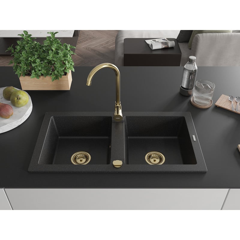 Mexen Mario évier en granit à 2 cuves 820 x 436 mm, noir/argent métallique, siphon doré - 6504822000-73-G