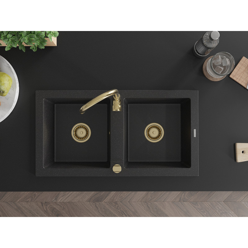 Mexen Mario évier en granit 2 bacs 820 x 436 mm, noir/métal argenté, siphon doré - 6504822000-73-G