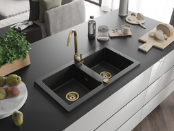 Mexen Mario évier en granit à 2 cuves 820 x 436 mm, Noir/ Argent métallique, siphon Or - 6504822000-73-G