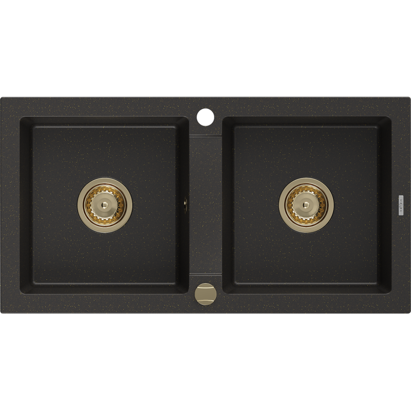 Mexen Mario évier de cuisine en granit à 2 bacs 820 x 436 mm, noir/doré métallique, siphon doré - 6504822000-75-G